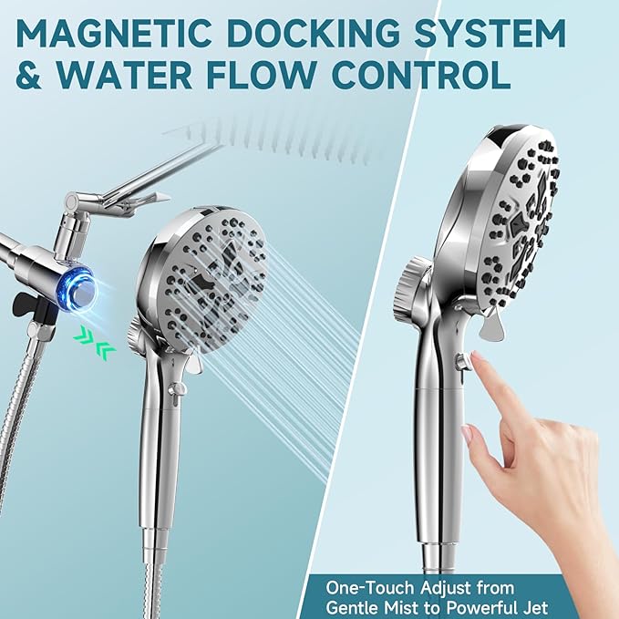Filtered Shower Head With Handheld Combo,Detachable Dual Showerhead with Magnetic Docking,High Pressure 10" Stainless Steel Rain & 5" Handheld with Water Flow Control,69" Hose - Chrome