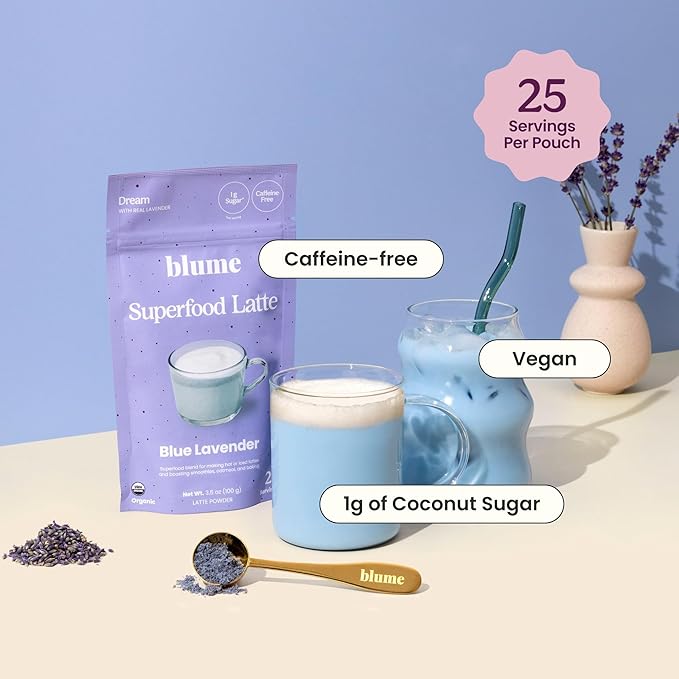Blume Superfoods Latte - Blue Lavender Powder with Blue Spirulina and Coconut Milk, Caffeine Free, Low-Sugar, Organic, Keto Friendly, Vegan, supports sleep and calmness, Lavender Latte- 25 Servings