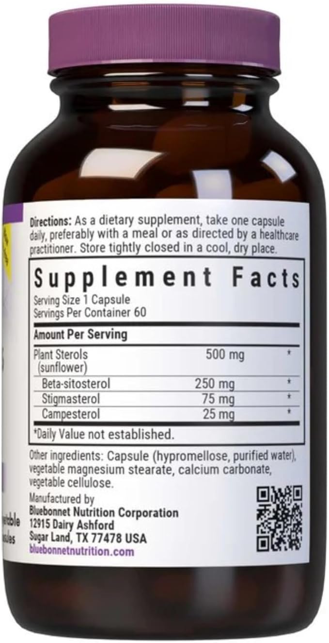 Bluebonnet Nutrition Plant Sterols 500mg Heart Health Supplement for Men & Women* - Non-GMO Beta-Sitosterol from Sunflower Oil - Vegan, Gluten-Free - 60 Vegetable Capsules