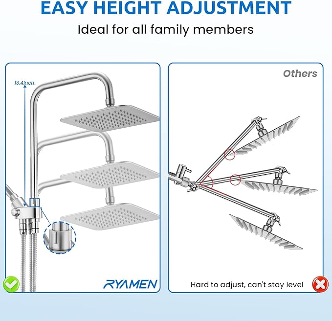 8" Dual Shower Head Combo, High Pressure Rainfall Shower Head with Handheld, 6 Spray Settings Angle Adjustable Handheld Shower Head with Pause, Height Adjustable, Chrome Silver