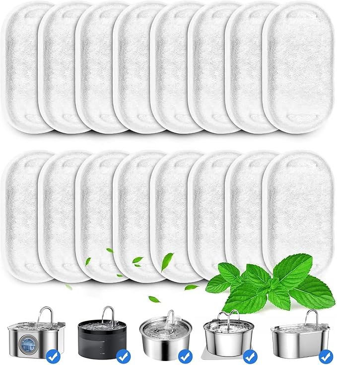 16 Pack Replacement Filters for Cat/Dog Water Fountain - Stainless Steel, 67oz/2L Adjustable Water Flow, Super Quiet