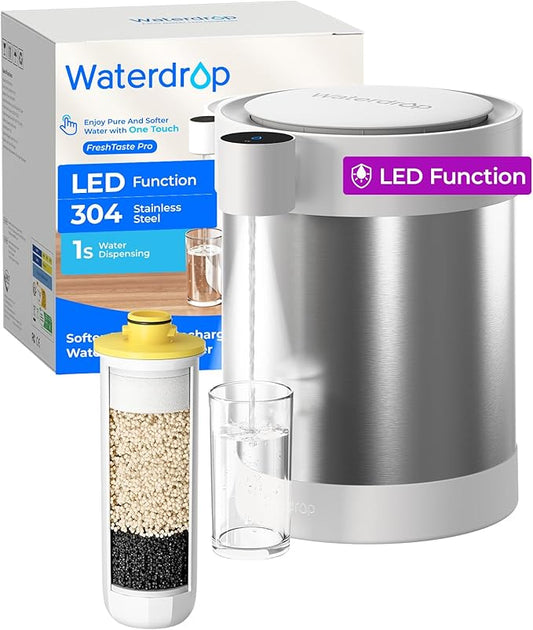 Waterdrop Rechargeable Non-Gravity Water Filter System with LED Function, Reduces 70+ Contaminants, Lead, Chlorine, 5-Stage Stainless Steel Filtration System, 22-Cup Water System, with 1 Filter