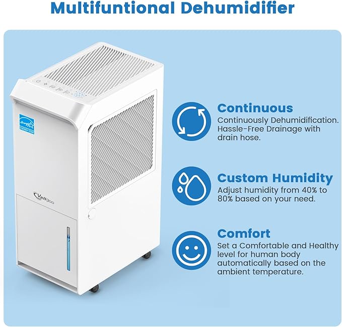 1,500 Sq.Ft Energy Star Dehumidifier for Basement with Drain Hose, 22 Pint 2019 DOE DryTank Series Dehumidifiers for Large Room, Suit for Garden Hose, Intelligent Humidity Control, 24H Timer