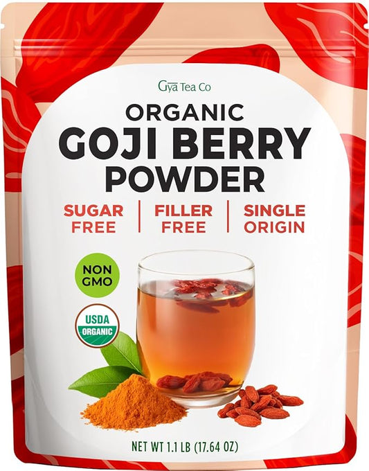 Gya Tea Co Goji Powder 1.1lb (17.64 Oz) - 100% USDA Organic Vegan Berries - Ideal for Healthy Smoothies, Tea, Baking - Antioxidant Rich Superfood for Wellness Support & Energy - Non GMO, Gluten Free