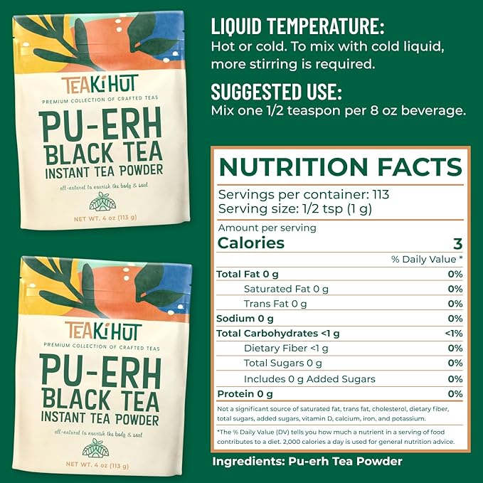Instant Pu-erh Black Tea Powder 4 oz, Low-Carb, Low-Calorie Black Tea for Hot & Cold Beverages, Refreshing Instant Powder for Lattes, Smoothies, Cocktails & Baked Goods