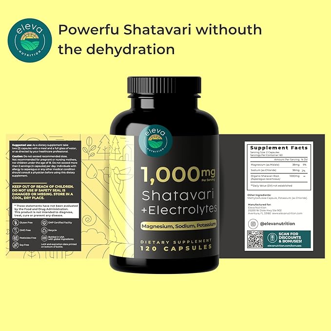 Shatavari Organic Powder Capsules for Women and Men from the Root (Chitabari)- Plus Electrolytes Magnesium, Sodium, Potassium for Enhanced Hydration to Counter Shatavari Powder's Diuretic Effect-120Ct