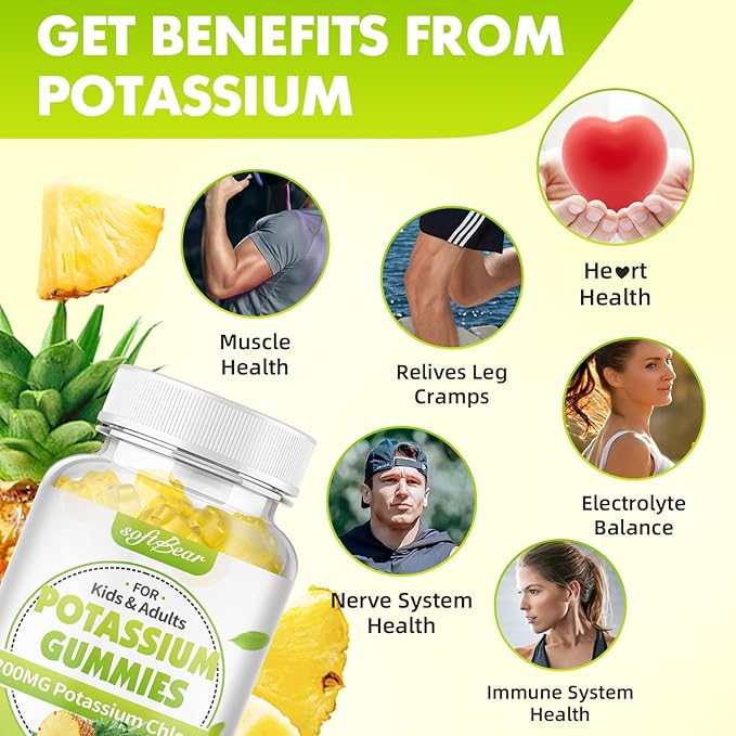 softbear Potassium Chloride Gummies 1200mg, Sugar-Free Potassium Gummies for Adults Support Leg Cramps High Potency Potassium Chloride Supplement, Pineapple Flavor 60 Count