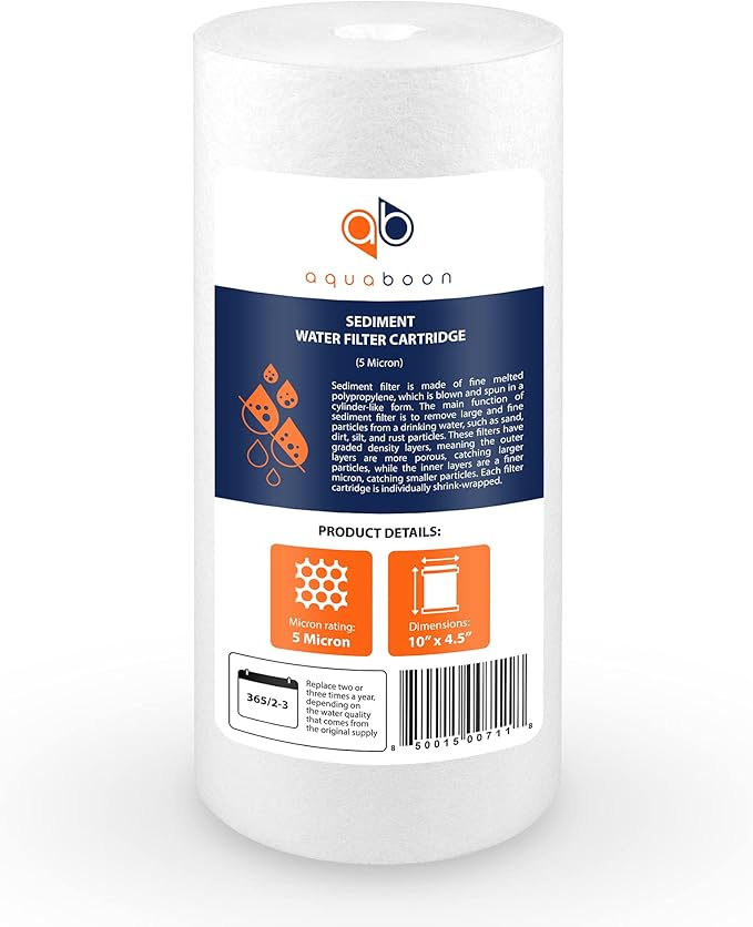 Aquaboon 5 Micron 10 x 4.5 Well Water Sediment Filter Replacement Whole House Water Filter Cartridge Compatible with DGD-5005, WFHD13001B, 6-Pack
