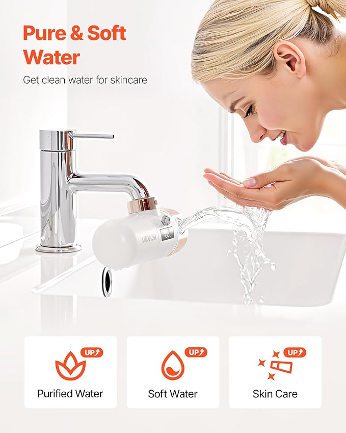 VEVOR Skincare Water Filter, Faucet Mount Water Filters with Micro-Nano Bubble for Skin, Sink Tap Purifier, Removes Chlorine with 1 Filter, for Kitchen and Bathroom Faucets, White + Gold