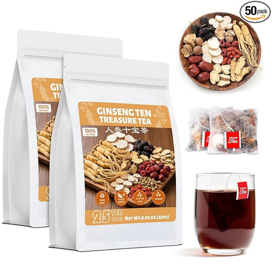 Ginseng Ten Treasures Kidney Tea, Natural Ginseng & Mulberry Herbal Tea kidney cleanse detox & repair Teabags for Men Women, 10 Precious Ingredients Formula (2 Pack/50 Bags)