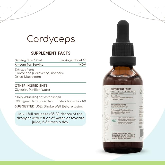 Cordyceps B60 Alcohol-Free Herbal Extract Tincture, Concentrated Liquid Drops Natural Cordyceps (Cordyceps Sinensis) Dried Mushroom (2 fl oz)
