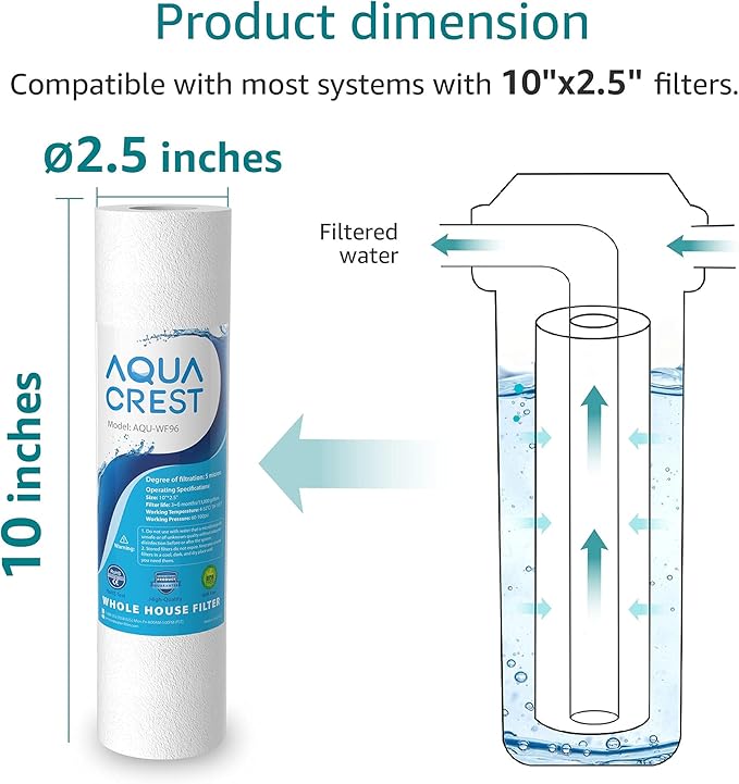 AQUA CREST AP110 Whole House Water Filter, Sediment Filter, 5 Micron, Replacement for 3M® Aqua-Pure AP110, Culligan® P5, APEC, GE FXUSC, Whirlpool®, Any 10" x 2.5" Home Water Filter, Pack of 10
