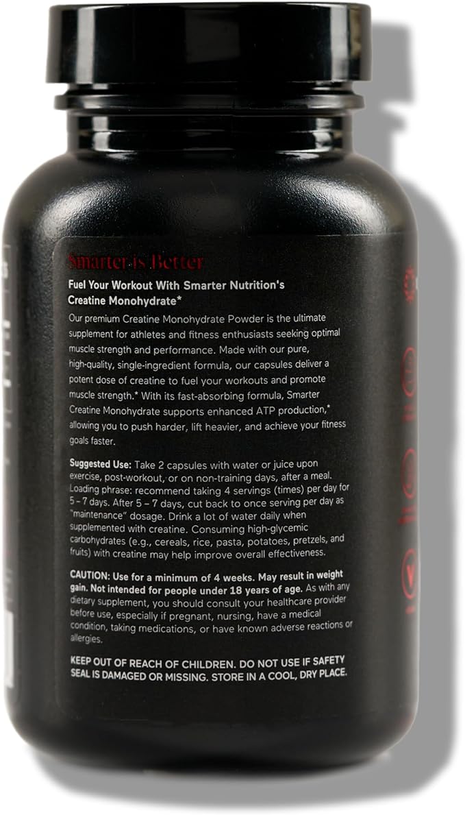 SMARTERNUTRITION Creatine Monohydrate Pills with 2500mg (2.5g) Per Serving, Vegan Capsules - Pre & Post Workout Recovery Support, Promotes Muscle Mass &. Endurance - 60 Count[30-Day Supply]