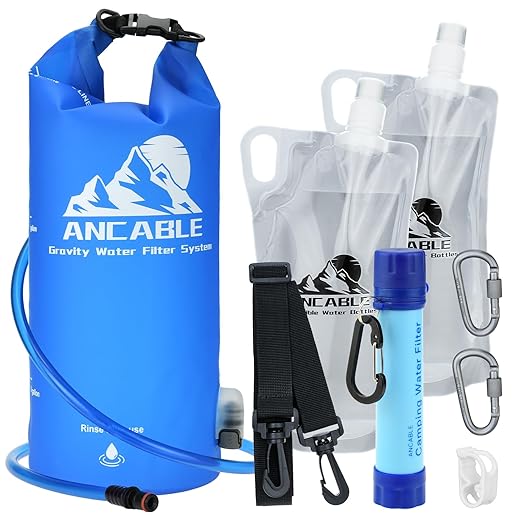 Gravity Water Filter Straw, 1.5 Gal Camping Water Filtration System with 1L Hiking Collapsible Water Bottles and Water Filter Straw for Travel, Backpacking, Emergency Preparedness, Blue