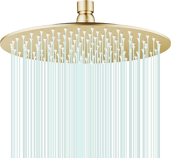 All Metal Rain Shower Head - Heavy Duty Stainless Steel, Easy Install, High Water Flow, Ultra-Thin Modern Design for Bathroom (F-Brushed Gold, 10)