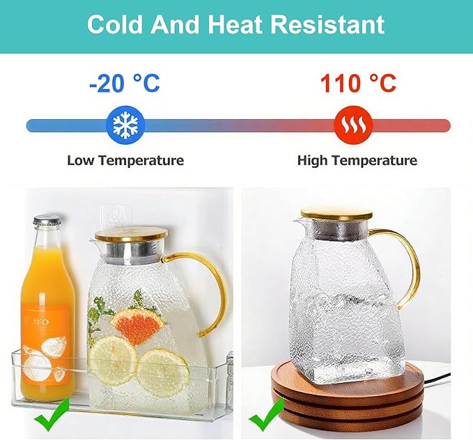 Glass Water Pitcher with Lid, High Borosilicate Heat Cold Resistant Carafe, 1.8L/63oz Capacity, Leakproof Fridge Door Carafe, Ice Tea Jug, Lemonade Pitcher For Fridge