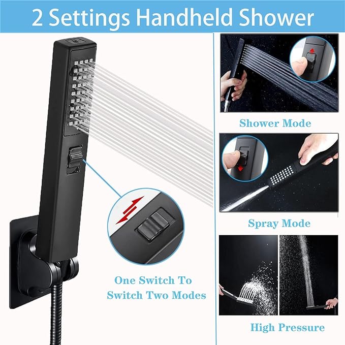 6'' Square High Pressure Rain Black Shower Heads with Handheld Spray Combo. Equipped with 78" Leakproof Hose, 3 Way Diverter Valve, Adhesive Shower Head Holder, Double Shower Head Set, AWAXFOLO