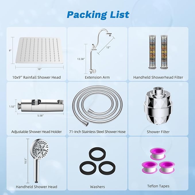 Hibbent Dual Filter All Metal 10"Rainfall Showerhead Combo, High Pressure Filter Shower Head with 10-Spray Mode Handheld, Innovative 4-way Diverter with Pause Mode, 71'' Shower Hose and Holder, Chrome