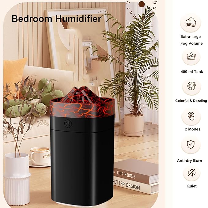 FULLBELL Cool Mist Humidifier, 400ML, 10-20 Hours Runtime, 7 Color Lights, 2 Modes, 24db Quiet, Black (Black-400ML)