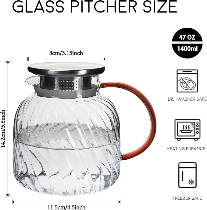 Glass Pitcher with Lid,47 oz/1400 ml, Hand Blown Glass Water Pitcher for Drinks,Iced Tea, Juice, Coffee, Milk, Hot Water and Tea, Heat Resistant