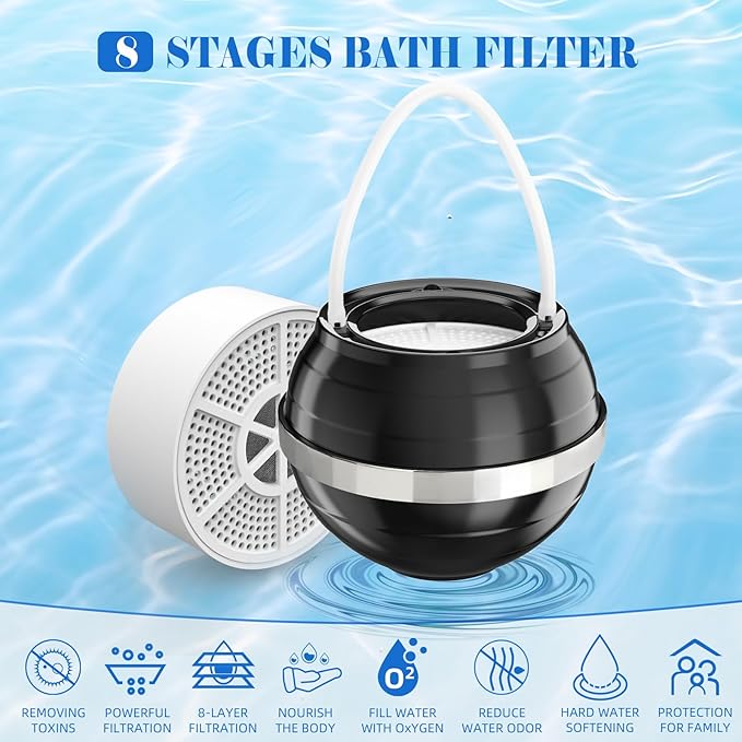 Bath Filter for Tub, 8 Stages Bathtub Water Filter Removes Hundreds of Contaminants for Softer, Smoother Skin 2500 Gallons of Filtration, BPA Free (Black)