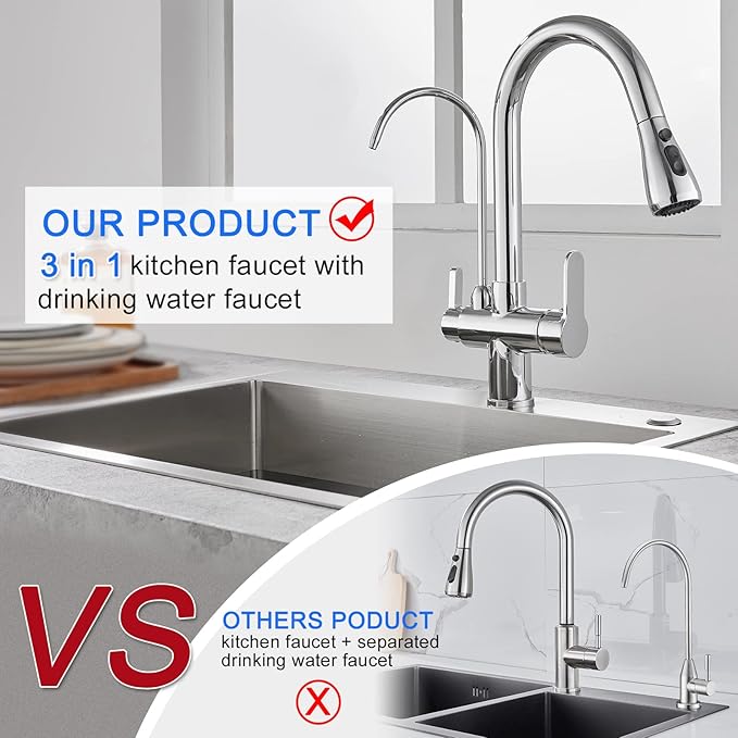 3 in 1 Kitchen Faucet with Drinking Water Faucet, 2 Handle Pull Down Kitchen Sink Faucet Water Filter Purifier Faucets (Chrome)