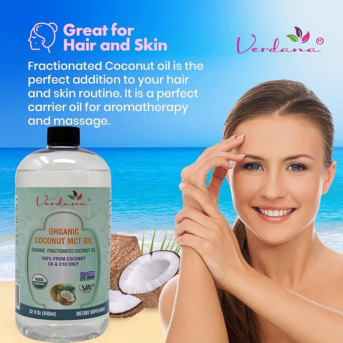 Verdana Organic MCT Oil – 32 Fl Oz Dietary Supplement – 100% Coconut Derived, Fractionated, Food Grade – For Oil Pulling, Keto Coffee, Oral Rinse, Massage & Aromatherapy – Vegan, Non-GMO, Kosher