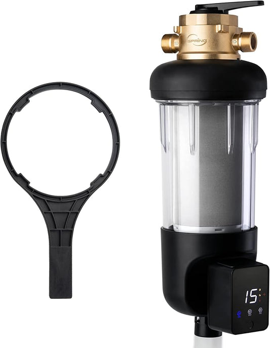 iSpring WSP200ARJ-BP, NSF Certified, Whole House Spin-Down Sediment Water Filter with Bypass, Clear Housing, Jumbo Size, Flushable and Reusable, Touch-Screen Auto Flushing, 4 Modes, 200 Microns