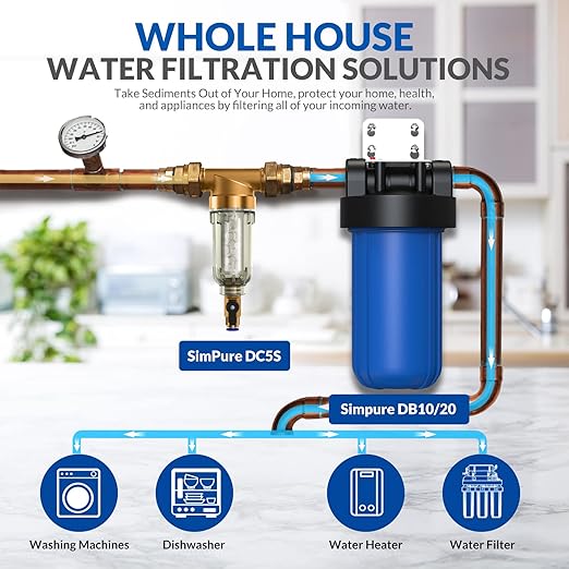 SimPure DC5S 40 Micron Spin Down Sediment Filter, Reusable Whole House Sediment Water Filter Softener with Siliphos Helps Prevent Scale and Corrosion, 1" MNPT + 3/4" FNPT + 3/4"MNPT, BPA Free