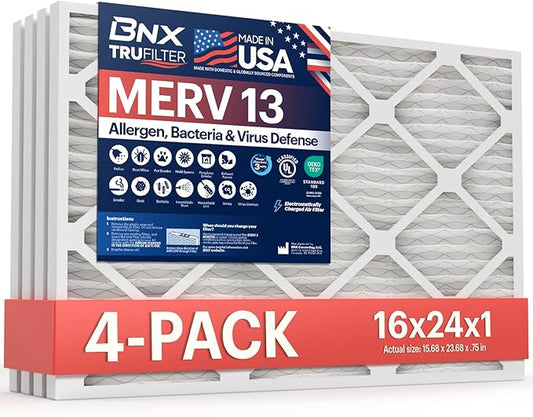 BNX TruFilter 16x24x1 Air Filter MERV 13 (4-Pack) - MADE IN USA - Electrostatic Pleated Air Conditioner HVAC AC Furnace Filters for Allergies, Pollen, Mold, Bacteria, Smoke, Allergen, MPR 1900 FPR 10