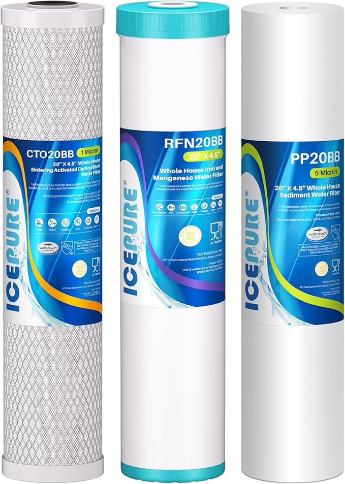 ICEPURE 3-Stage 4.5"x 20" Whole House Water Filter Replacement Kit, 5 Micron Sediment, Iron & Manganese Reduce, Carbon Block Cartridge Replacement for Any 20 Inch Water Filter