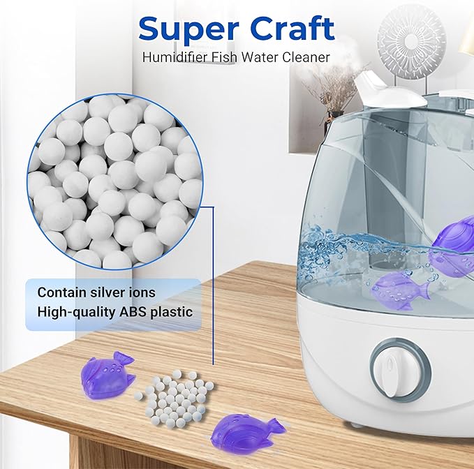 12 Pack Universal Humidifier Cleaner Fish Compatible with Almost All Humidifiers and Fish Tanks, Equipped with Silver Ion Filter Balls, Prevents Hard Water Build-Up, Reduces Scale, Purple