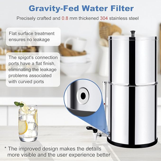 2.25 Gallon Stainless Steel Gravity-fed Water Filter System with Black Activated Carbon Filter and Fluoride Filters for Home, Camping, Travel, Outdoor Adventures and Emergencies - 2 Year Warranty