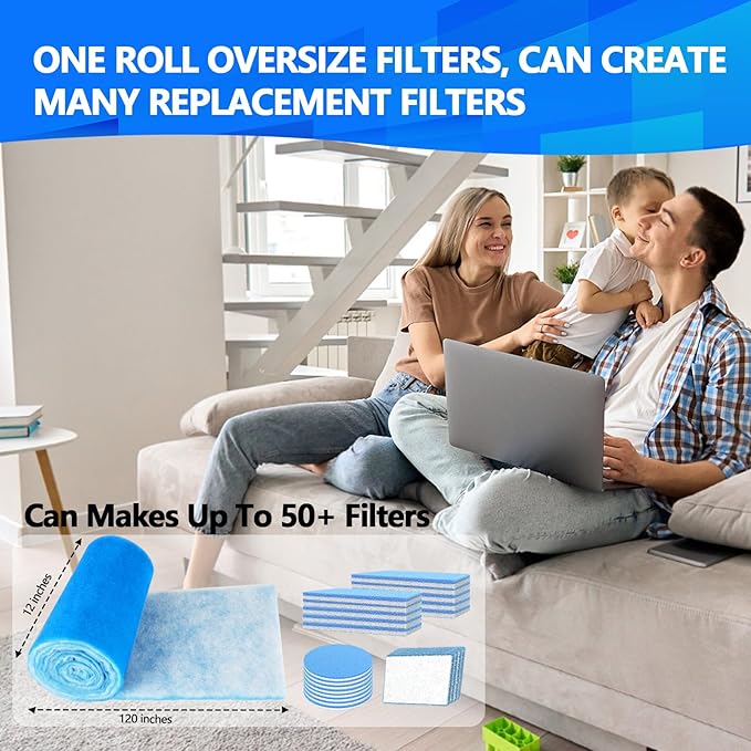 12" x120" Air Vent Filters, Cut to Fit Air Filter (50+ Filters), MERV 8 Triple Vent Filter for Home Floor, Ceiling, RV, HVAC Furnace Vents, With Adhesive Hook Tape and Installation Tape