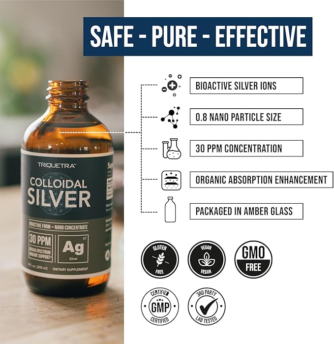Bioactive Colloidal Silver - 8 oz, Glass Bottle, Vegan, Safe Doses with Highest Effectiveness - Nano Ions, 30 PPM - Immune Support (48 Servings)