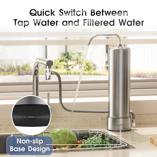 Countertop Water Filter, Stainless Steel 8000 Gallons Faucet Water Filtration System, Reduces 99.99% Chlorine, Lead, Heavy Metals, Bad Odor, OM-CF01 Included 1 Filter