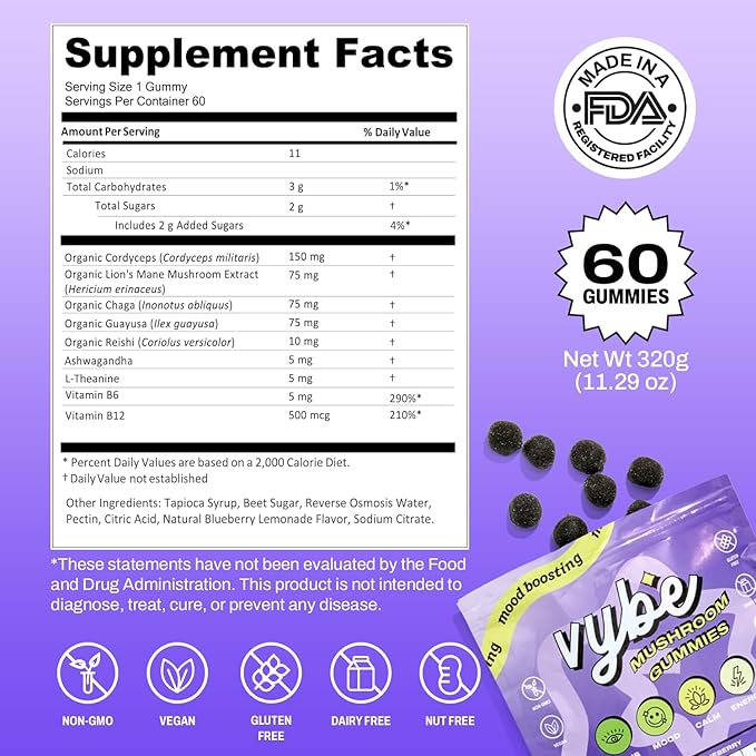 Vybe Daily Nootropic Gummies – 8-in-1 Mushroom & Adaptogen Brain Supplement for Focus, Energy, and Mood with Lion's Mane, Cordyceps, Reishi, Chaga, Ashwagandha (Blueberry, 60-Count)