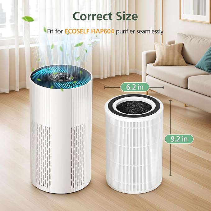 HAP604 Replacement Filter for ECOSELF HAP604 Air Purifier, 3-In-1 Air Filter Filtration with HEPA and Activated Carbon, 2 Pack, White