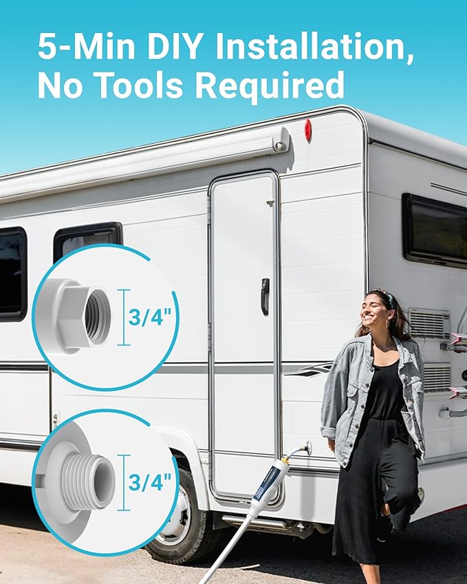 AQUA CREST RV Inline Hose Water Filter, Garden and Camper, NSF Certified, Greatly Reduces Chlorine, Bad Taste, Odor, 2 Pack with Hose Protector (Package May Vary)