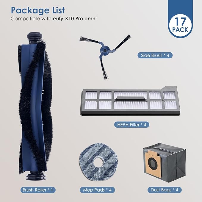 Replacement Parts Compatible with eufy X10 Pro Omni Robot Vacuums Replacement Parts, 4 Dust Bags, 4 Washable Vacuum Mop Cloths, 4 Side Brushes, 4 HEPA Filters, 1 Main Brush, X10 Pro Omni Accessories