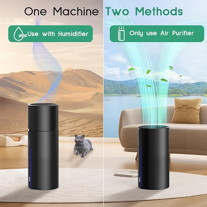 Air Purifier with Humidifier Combo, 2 in 1 Afloia 3-Stage Filters for Bedroom Pets Hair Smoker Odors, Evaporative Humidifier, Auto Shut Off, Quiet Air Cleaner with Seven Color Light, Black