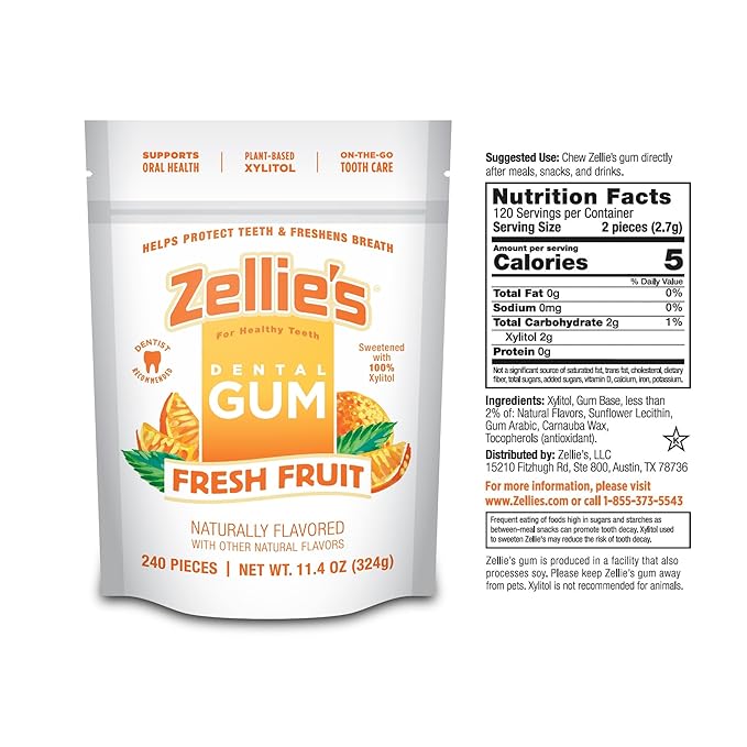 Zellie's | 100% Xylitol Fresh Fruit Chewing Gum | No Aspartame, Gluten Free, Vegan & Kosher (240 Count - Pack of 1)