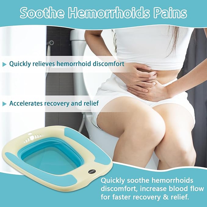 Sitz Bath, Sitz Bath for Hemorrhoids, Sitz Bath for Toilet Seat, Sitz Bath for Postpartum Care, Sits Bath Tub for Women Men Adults, Sitz Bath Soak Salts Basin, Hip Bath Bowl, Foldable, Blue