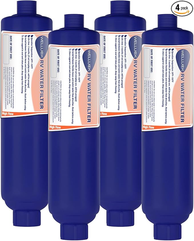 WELLUCK RV Camper Inline Water Filter Reduce Chlorine and Odor, 4 Packs RV Camping Water Hose Filter Accessories for Camping Trailer Motorhome Boat Marine Drinking Garden Car Washing