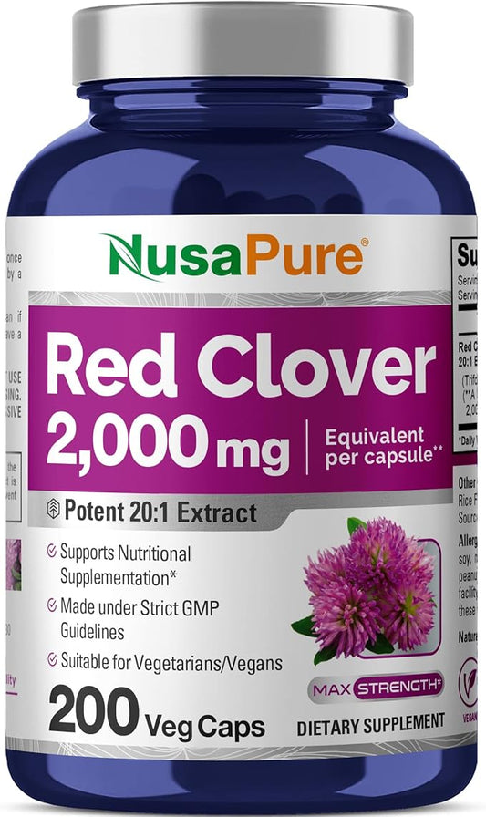 NusaPure Red Clover Capsules 2000mg per Veggie Caps | 200 Count | Trifolium Pratense | Non-GMO | Red Clover Blossom Extract 20:1 Supplement