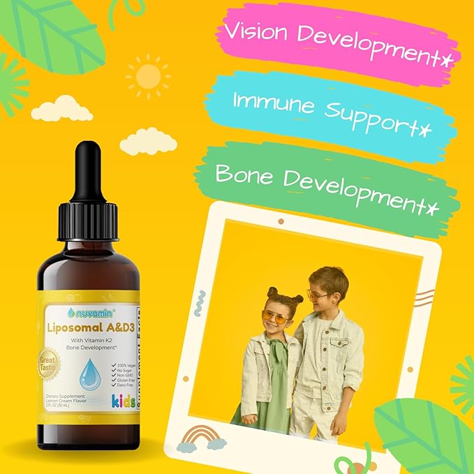 Nuvamin – Liquid Liposomal Vitamin A & D3 Drops with K2 for Baby Toddlers Kids & Adults, 800 IU/mL, 2 Fl.Oz (60ml), 120 Daily Serving, Great Taste - All Natural - Superior Absorption, Lemon Flavor