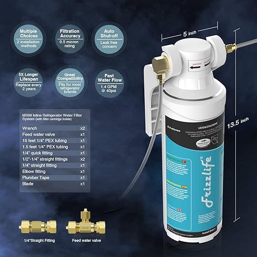 Frizzlife Inline Water Filter System for Fridge, Ice Maker, Under Sink, Certified 0.5 Micron Reduces Chlorine, Lead, Long Lasting, Compression Brass Fittings Fits for Copper Tubing, MS99