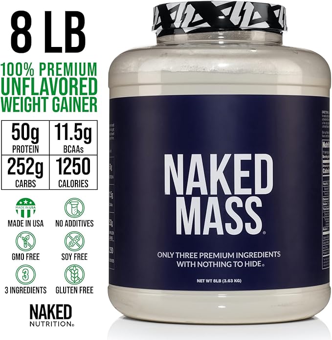 NAKED Mass - Natural Weight Gainer Protein Powder - 8 LB Bulk, GMO Free, Gluten Free & Soy Free. No Artificial Ingredients - 1,250 Calories per Serving