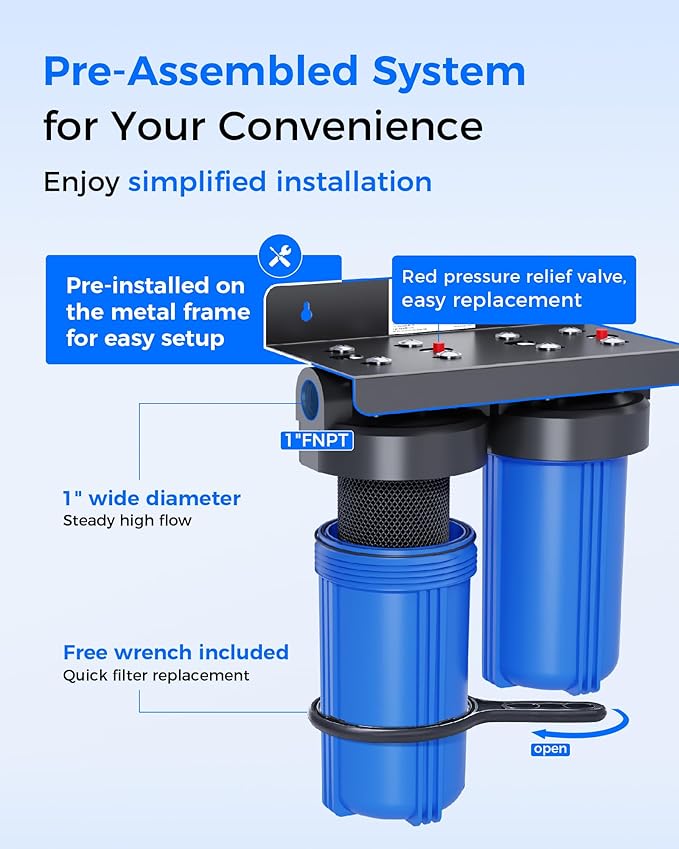 Waterdrop 2 Stage Whole House Water Filter System, with Carbon Filter and Sediment Filter, 5-Stage Filtration, Highly Reduce Chlorine, Taste, Odor, 5 Micron WD-WHF21-BG, 1" Inlet/Outlet