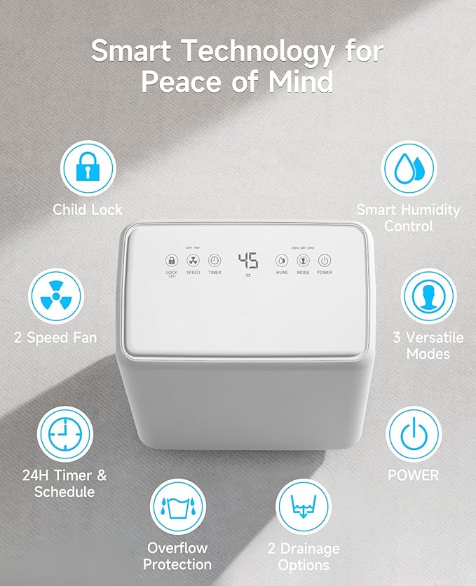 2000 Sq. Ft Dehumidifier for Basement, 30 Pint Dehumidifiers for Home, Bedroom and Bathroom, 3 Modes Dehumidifier with Drain Hose, Smart Humidity Control, 24H Timer (Off-White)